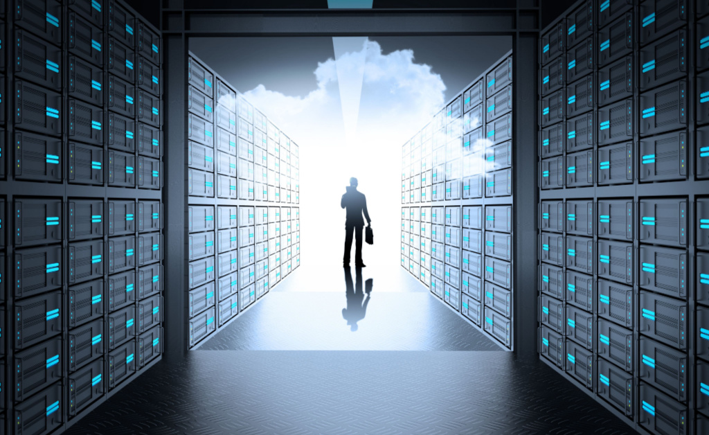 IT Manager in a server room and cloud inside as concept