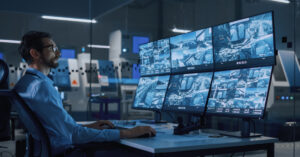 Security operator controls the proper functioning of a facility production line, with screens showing surveillance camera feed.